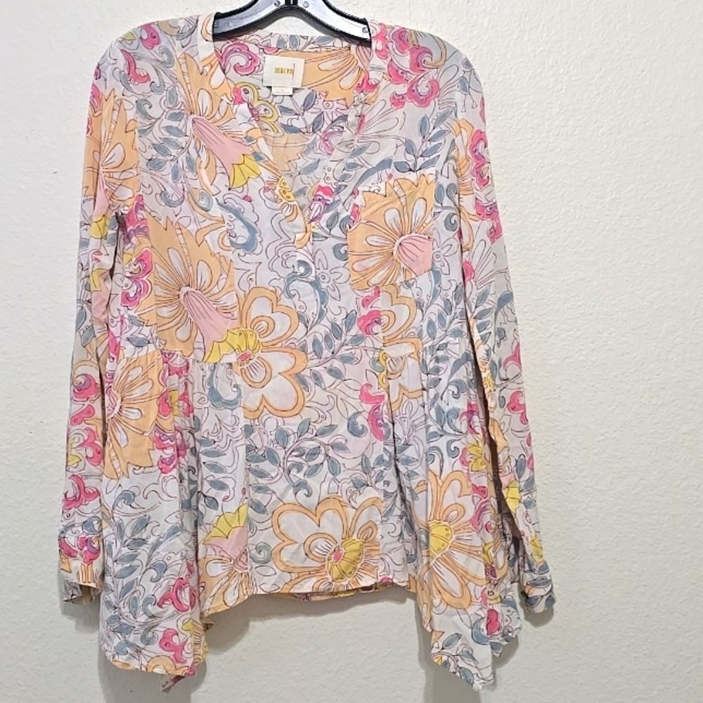 Maeve Anthropologie Laiken Floral Top V-Neck Long Sleeve Pastel Multicolor Rayon